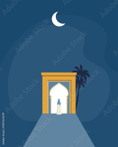 Evening contemplation at an ornate archway under a crescent moon, inviting spiritual reflection. Islamic decoration, banner design.