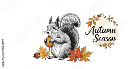 Squirrel holding nut surrounded by autumn leaves.