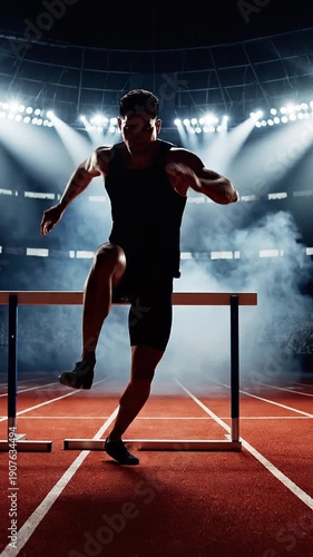 Athlete clears hurdle on a track in a stadium