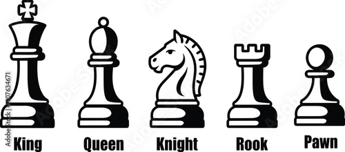 Chess piece icons showing king queen knight rook pawn isolated on white background strategy game vector illustration design set collection