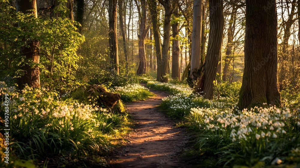 Fototapeta premium Sunlit Forest Path Lined with White Flowers in Spring.