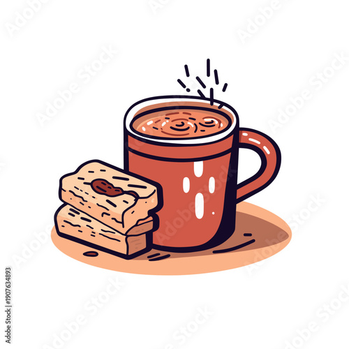 Cup of hot beverage and sweet treat resting on a surface in a cozy setting with simple vector design elements