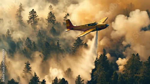 Aerial view of a firefighting plane over forest landscape