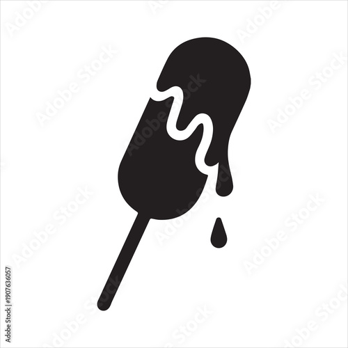 Corn dog with dripping sauce forming abstract shapes, solid silhouette icon for fast food design