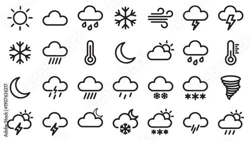 Weather forecast icon set for meteorology applications, climate data visualization, news broadcast graphics, travel planning interfaces, and environmental monitoring dashboards
