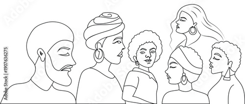 Man and woman for Black history month celebrate. Silhouettes of African Americans, black men and women on background, template, poster. Group of people vector illustration.