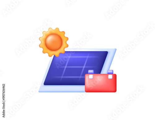 3D style illustration of solar panels, batteries, and the sun. Converting solar energy into electricity. Power generation. Renewable energy and sustainability. Solar energy concept. Symbols, signs, 