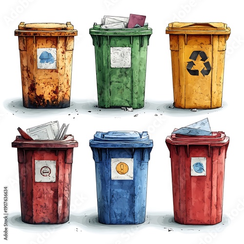 Six Weathered and Labeled Trash Bins in Various Colors Keywords: trash bin, garbage can, photo
