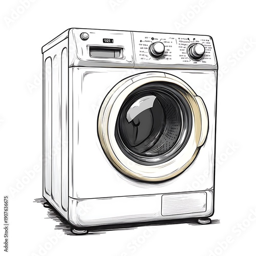 Sketch illustration of a modern front-loading washing machine on a photo white background