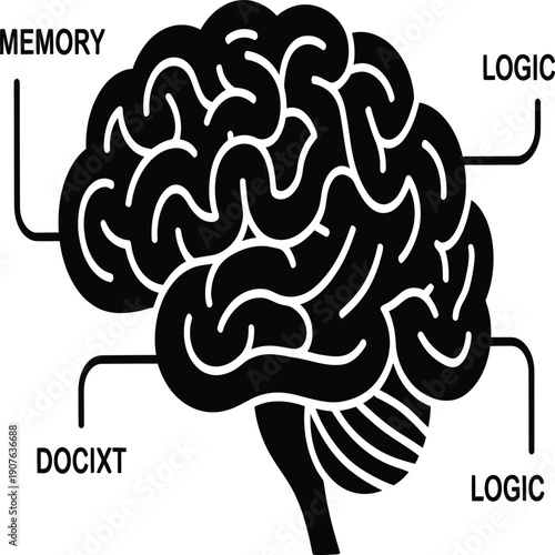 A black and white illustration of a brain with labeled sections for memory and logic