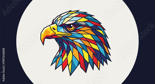 Vibrant colorful eagle head illustration in profile with multicolored feathers on white circular background