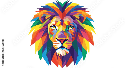 Vibrant colorful lion head with multicolored mane on white background symbolizing creativity and power