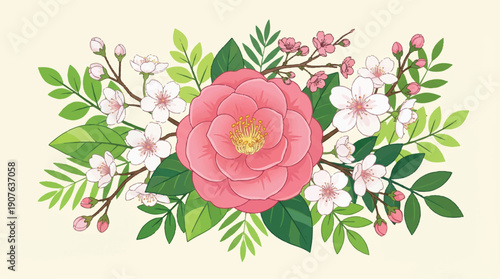 Beautiful floral arrangement with pink rose and white flowers on beige background