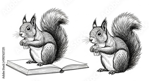 Two Squirrels Eating Nuts Sketch Illustration.