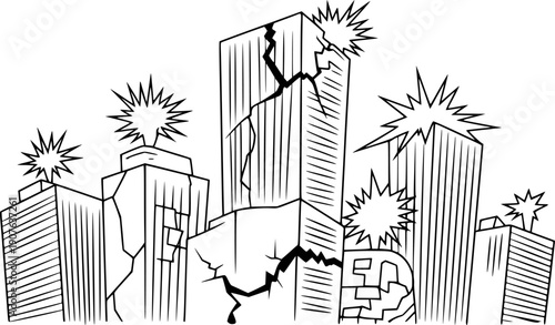 Comic book style of a city skyline with buildings cracking and exploding
