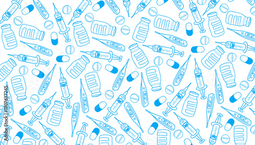 Seamless Pattern with Medical Syringe Pills Thermometer and Medicine Bottles. Hand Drawn Healthcare Background. Vector Illustration for Pharmacy Packaging Fabric and Wallpaper.
