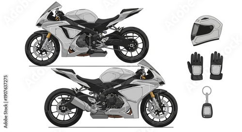 Two white sport motorcycles with racing graphics and accessories.
