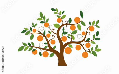 Stylized orange tree with green leaves and brown branches bearing ripe fruit
