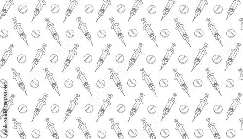 Seamless Pattern with Syringe and Pills Outline. Hand Drawn Medical Background. Black and White Healthcare Vector Illustration for Pharmacy, Fabric, and Wallpaper