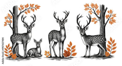 Three Deer and a Fawn in Autumn Forest Illustration.