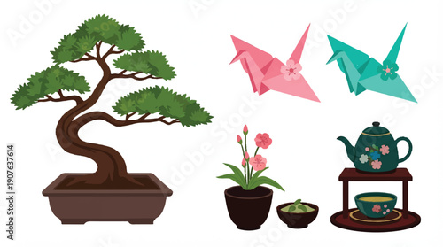 bonsai tree and japanese tea set with origami cranes and flowers
