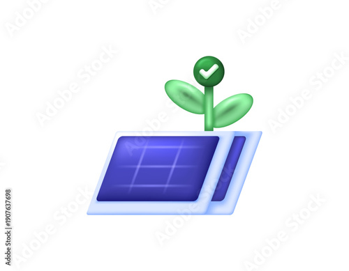 3D style illustration of solar panels and plant shoots. Converting solar energy into electricity. Renewable energy and sustainability. Eco-friendly energy concept. Symbols, signs, elements.