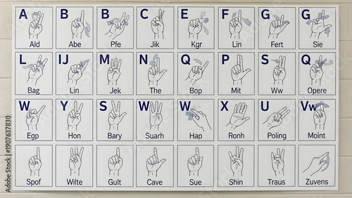 Educational Chart Displaying Diverse Hand Gestures for Manual Communication and Finger Spelling Techniques