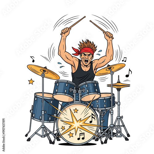 Energetic cartoon illustration of a fierce rock musician passionately playing a full drum set with dynamic flair and intense rhythm