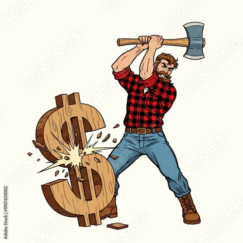 Strong lumberjack in a red plaid shirt fiercely chops down a large wooden dollar sign symbol with a sharp steel axe in a pop art style illustration.