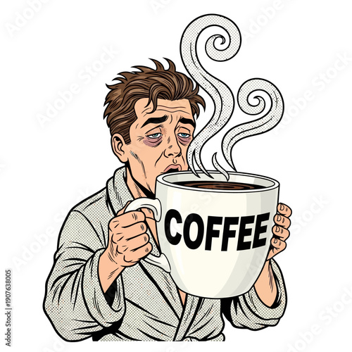 Tired man in a bathrobe desperately drinking from an oversized mug labeled coffee with noticeable dark circles under tired eyes