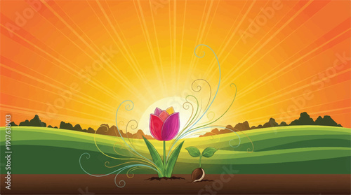 cartoon flower blooming in green field at sunrise