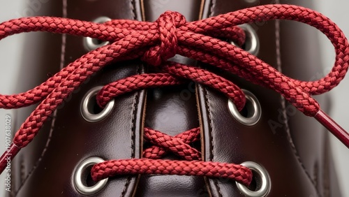 Close up of dark brown leather formal shoe featuring vibrant red shoelaces tied in a neat bow knot with silver eyelets