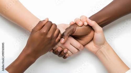 Diverse hands of different skin tones clasping together in a circle symbolizing unity, teamwork, and multicultural diversity