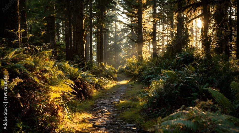 Obraz premium Sunlight filters through a lush green forest path with ferns.