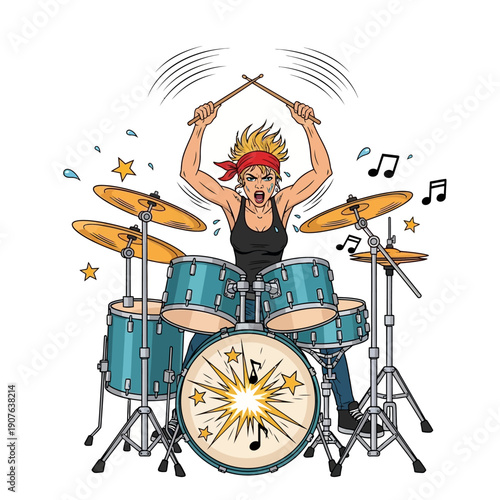 Energetic blonde female rock drummer intensely plays a blue drum set, raising drumsticks high during a powerful, sweat-inducing musical performance moment.
