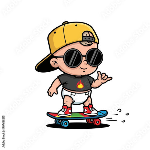 Adorable cartoon baby wearing a backward yellow cap and large sunglasses skates stylishly on a colorful wooden skateboard with a cool vibe.