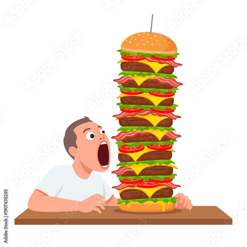 Man with wide open mouth stares in amazement at an extraordinarily tall, multi-layered, stacked hamburger creation ready for consumption on a wooden table.