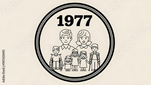 Vintage Style 1977 Family Circle Illustration Featuring Inclusive Family Members in Minimalist Line Art