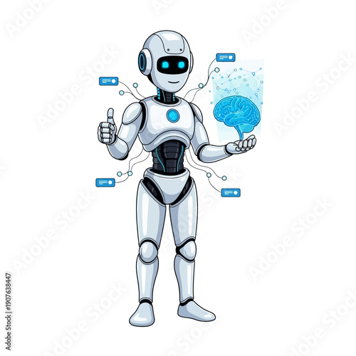 Illustrated white humanoid robot character giving a thumbs up sign while holding a glowing blue holographic human brain interface signifying artificial intelligence development.