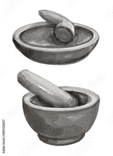 Watercolor stone mortar isolated on white background