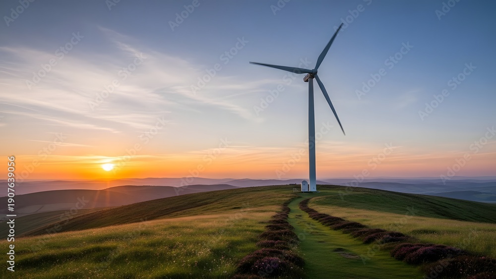 Obraz premium Sunrise over rolling hills with a lone wind turbine, symbolizing renewable energy and a clean future