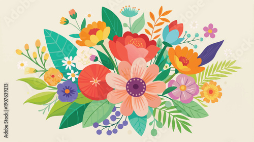Colorful bouquet of flowers on beige background