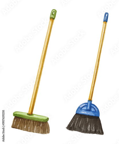 Watercolor plastic broom isolated on white background