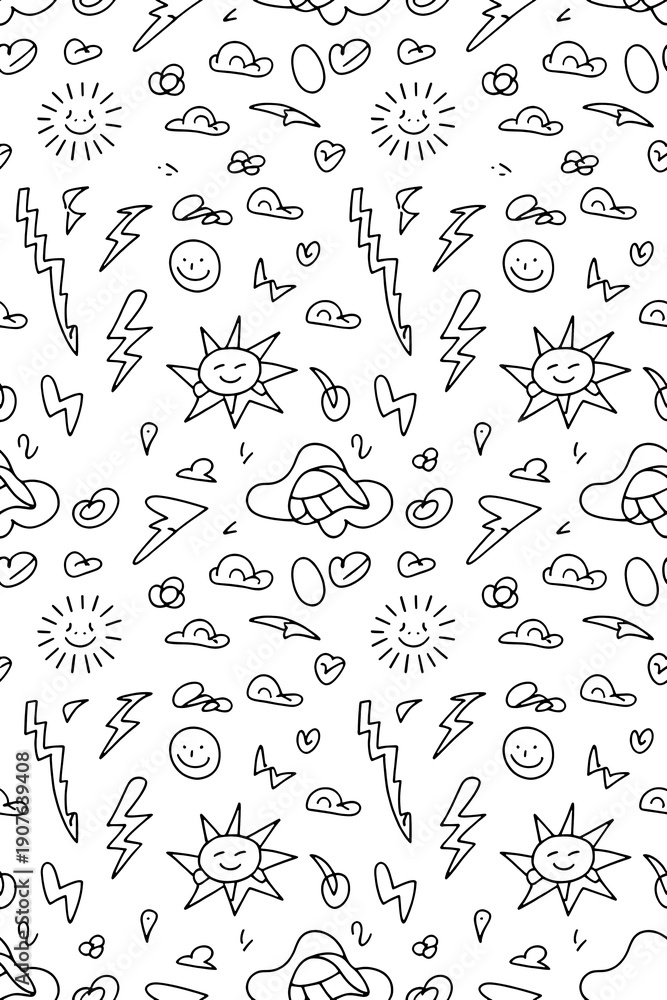 Obraz premium Black and white doodle pattern of sun clouds lightning bolts and hearts on transparent background