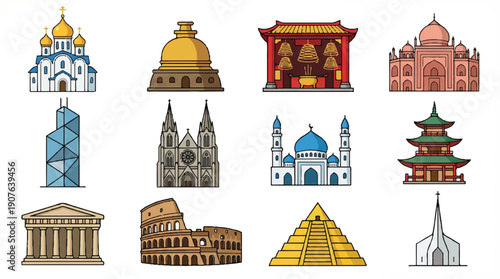 collection of famous landmarks from around the world in colorful cartoon style