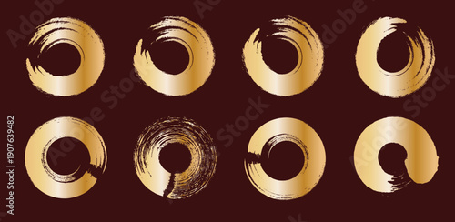 Traditional Japanese Golden Brush Line Frames with Zen Grunge Texture for Oriental Backgrounds, Luxurious Gold Enso Circles with Metallic Brush Stroke Frames for Wedding and Logo Design