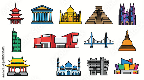 colorful illustration of various famous buildings and structures from around the world