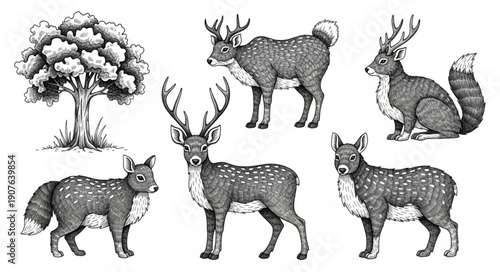 Vintage Forest Animals and Tree Illustration.