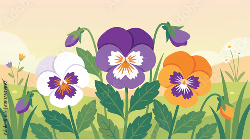 Colorful pansy flowers in a green field with green leaves and beige background