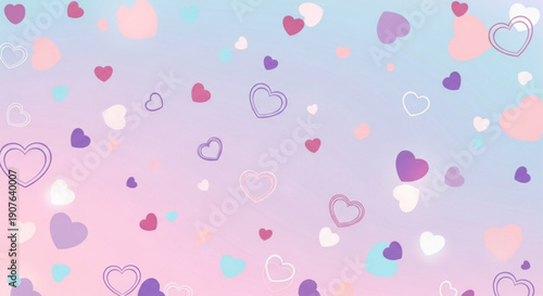 A colorful vector graphic illustration of pastel hearts and clouds on a gradient background